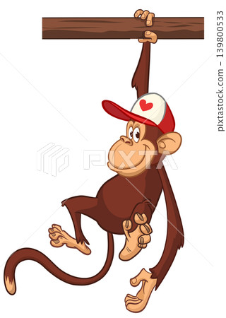 Cartoon funny brown monkey chimpanzee hanging from the wood branch. Vector illustration isolated on white Cartoon funny brown monkey chimpanzee hanging from the wood branch. Vector illustration isolated on white 139800533