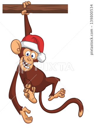 Cartoon funny brown monkey chimpanzee hanging from the wood branch. Vector illustration isolated on white 139800534