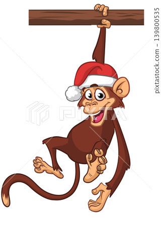 Cartoon funny brown monkey chimpanzee hanging from the wood branch. Vector illustration isolated on white Cartoon funny brown monkey chimpanzee hanging from the wood branch. Vector illustration isolated on white 139800535