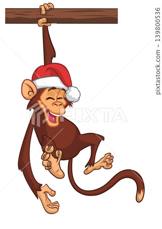 Cartoon funny brown monkey chimpanzee hanging from the wood branch. Vector illustration isolated on white Cartoon funny brown monkey chimpanzee hanging from the wood branch. Vector illustration isolated on white 139800536