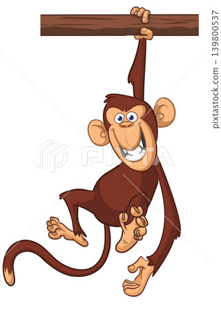 Cartoon funny brown monkey chimpanzee hanging from the wood branch. Vector illustration isolated on white Cartoon funny brown monkey chimpanzee hanging from the wood branch. Vector illustration isolated on white 139800537
