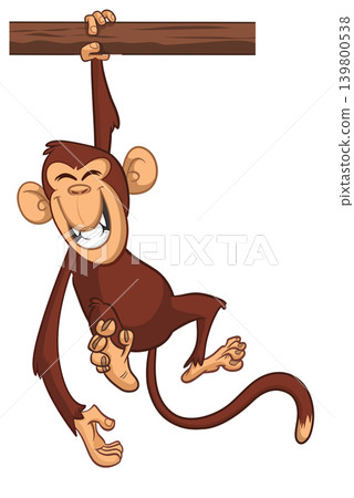 Cartoon funny brown monkey chimpanzee hanging from the wood branch. Vector illustration isolated on white 139800538