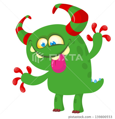 Cartoon scary monster with funny face expression waving hands . Vector illustration isolated on white. Halloween design 139800553