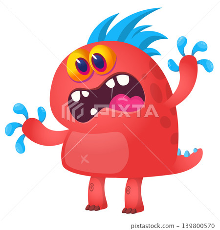 Cartoon scary monster with funny face expression waving hands . Vector illustration isolated on white. Halloween design Cartoon scary monster with funny face expression waving hands . Vector illustration isolated on white. Halloween design 139800570