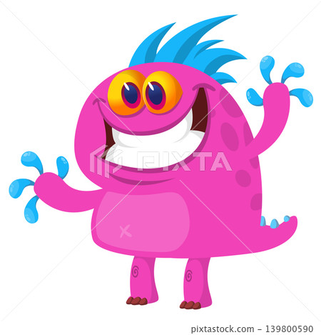 Cartoon scary monster with funny face expression waving hands . Vector illustration isolated on white. Halloween design Cartoon scary monster with funny face expression waving hands . Vector illustration isolated on white. Halloween design 139800590