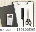 Hair salon management, accounting, clipboard and calculator, hair cutting scissors, sales management and tax filing. 139800595