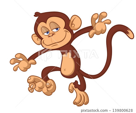 Cartoon funny brown monkey chimpanzee jumping or dancing. Vector illustration isolated on white Cartoon funny brown monkey chimpanzee jumping or dancing. Vector illustration isolated on white 139800628
