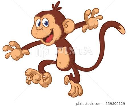 Cartoon funny brown monkey chimpanzee jumping or dancing. Vector illustration isolated on white 139800629