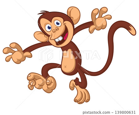 Cartoon funny brown monkey chimpanzee jumping or dancing. Vector illustration isolated on white Cartoon funny brown monkey chimpanzee jumping or dancing. Vector illustration isolated on white 139800631