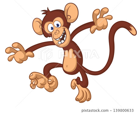 Cartoon funny brown monkey chimpanzee jumping or dancing. Vector illustration isolated on white 139800633