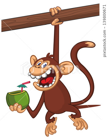 Cartoon funny brown monkey chimpanzee drinking coconut cocktail. Vector illustration isolated on white Cartoon funny brown monkey chimpanzee drinking coconut cocktail. Vector illustration isolated on white 139800671