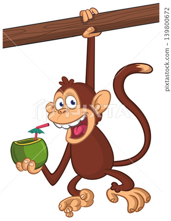 Cartoon funny brown monkey chimpanzee drinking coconut cocktail. Vector illustration isolated on white Cartoon funny brown monkey chimpanzee drinking coconut cocktail. Vector illustration isolated on white 139800672