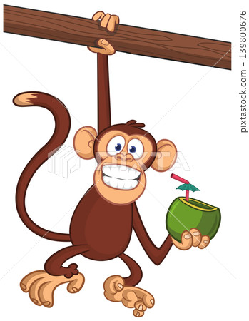 Cartoon funny brown monkey chimpanzee drinking coconut cocktail. Vector illustration isolated on white Cartoon funny brown monkey chimpanzee drinking coconut cocktail. Vector illustration isolated on white 139800676