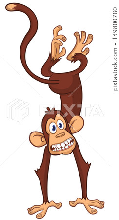 Cartoon funny monkey chimpanzee standing upside down. Vector illustration isolated on white Cartoon funny monkey chimpanzee standing upside down. Vector illustration isolated on white 139800780