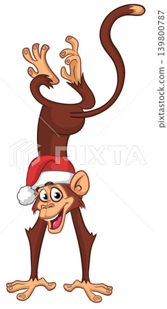 Cartoon funny monkey chimpanzee wearing Santa hat. Vector illustration for New year or Christmas Cartoon funny monkey chimpanzee wearing Santa hat. Vector illustration for New year or Christmas 139800787