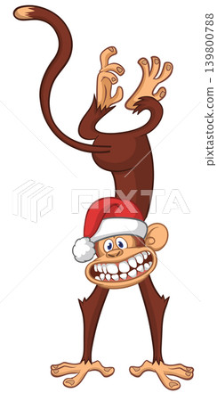 Cartoon funny monkey chimpanzee wearing Santa hat. Vector illustration for New year or Christmas Cartoon funny monkey chimpanzee wearing Santa hat. Vector illustration for New year or Christmas 139800788