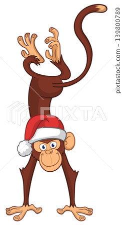 Cartoon funny monkey chimpanzee wearing Santa hat. Vector illustration for New year or Christmas Cartoon funny monkey chimpanzee wearing Santa hat. Vector illustration for New year or Christmas 139800789