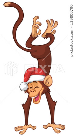Cartoon funny monkey chimpanzee wearing Santa hat. Vector illustration for New year or Christmas Cartoon funny monkey chimpanzee wearing Santa hat. Vector illustration for New year or Christmas 139800790