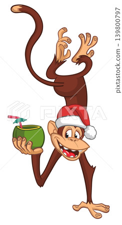 Cartoon funny monkey chimpanzee holding green coconut cocktail and hanging upside down in Santa Hat. Christmas vector illustration 139800797