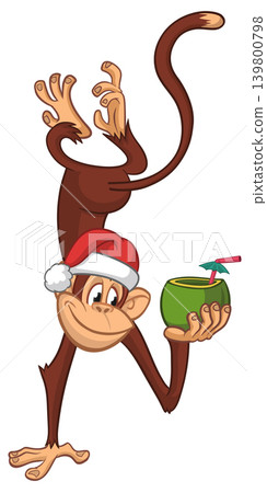 Cartoon funny monkey chimpanzee holding green coconut cocktail and hanging upside down in Santa Hat. Christmas vector illustration Cartoon funny monkey chimpanzee holding green coconut cocktail and hanging upside down in Santa Hat. Christmas vector illustration 139800798