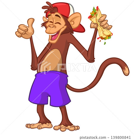 Cartoon funny monkey chimpanzee holding falafel or kebab in his hands. Vector illustration of happy monkey character design isolated. Cartoon funny monkey chimpanzee holding falafel or kebab in his hands. Vector illustration of happy monkey character design isolated. 139800841