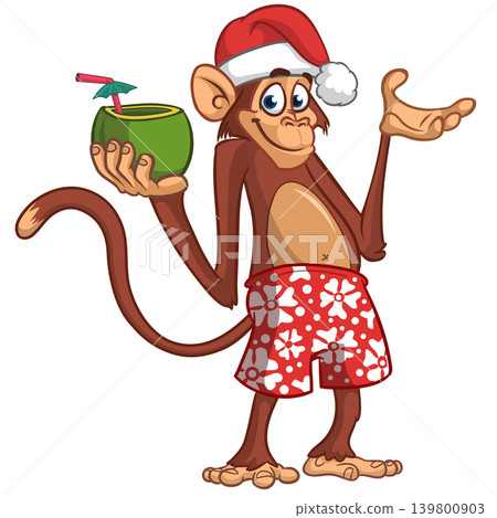 Cartoon funny monkey chimpanzee in bahama short holding green coconut cocktail. Vector illustration isolated on white 139800903