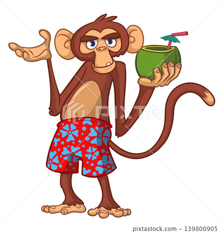 Cartoon funny monkey chimpanzee in bahama short holding green coconut cocktail. Vector illustration isolated on white Cartoon funny monkey chimpanzee in bahama short holding green coconut cocktail. Vector illustration isolated on white 139800905