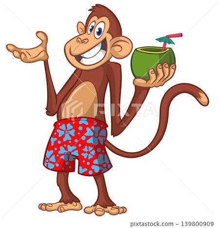 Cartoon funny monkey chimpanzee in bahama short holding green coconut cocktail. Vector illustration isolated on white 139800909