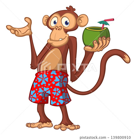 Cartoon funny monkey chimpanzee in bahama short holding green coconut cocktail. Vector illustration isolated on white Cartoon funny monkey chimpanzee in bahama short holding green coconut cocktail. Vector illustration isolated on white 139800910