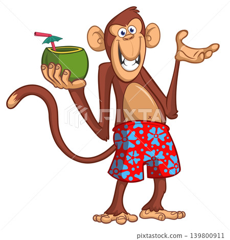 Cartoon funny monkey chimpanzee in bahama short holding green coconut cocktail. Vector illustration isolated on white Cartoon funny monkey chimpanzee in bahama short holding green coconut cocktail. Vector illustration isolated on white 139800911