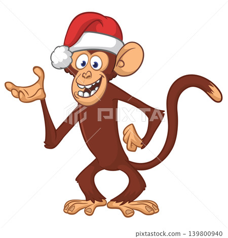 Cartoon funny brown monkey chimpanzee wearing Santa hat. Vector illustration for Christmas or New Year party Cartoon funny brown monkey chimpanzee wearing Santa hat. Vector illustration for Christmas or New Year party 139800940