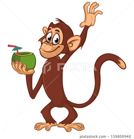 Cartoon funny monkey chimpanzee holding green coconut cocktail. Vector illustration isolated on white Cartoon funny monkey chimpanzee holding green coconut cocktail. Vector illustration isolated on white 139800948