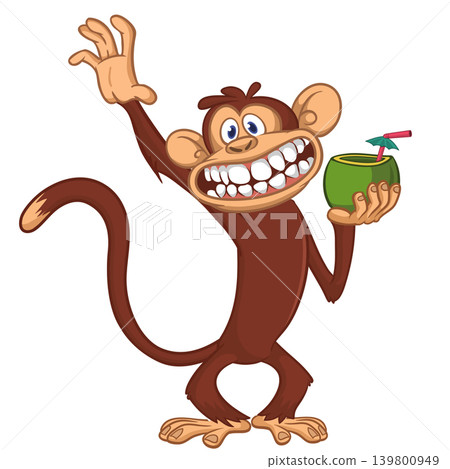 Cartoon funny monkey chimpanzee holding green coconut cocktail. Vector illustration isolated on white Cartoon funny monkey chimpanzee holding green coconut cocktail. Vector illustration isolated on white 139800949