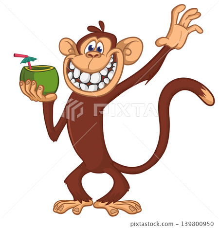 Cartoon funny monkey chimpanzee holding green coconut cocktail. Vector illustration isolated on white Cartoon funny monkey chimpanzee holding green coconut cocktail. Vector illustration isolated on white 139800950