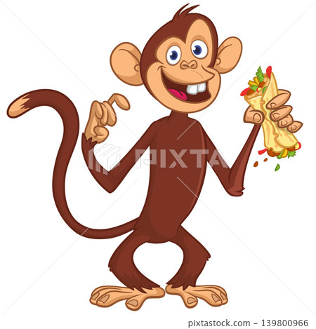 Cartoon funny monkey chimpanzee holding falafel or kebab in his hands. Vector illustration of happy monkey character design isolated. 139800966
