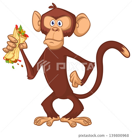 Cartoon funny monkey chimpanzee holding falafel or kebab in his hands. Vector illustration of happy monkey character design isolated. Cartoon funny monkey chimpanzee holding falafel or kebab in his hands. Vector illustration of happy monkey character design isolated. 139800968