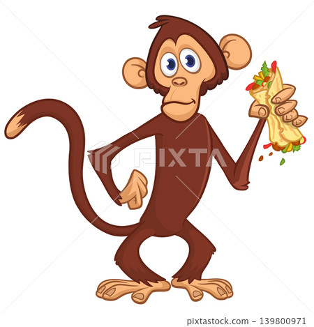 Cartoon funny monkey chimpanzee holding falafel or kebab in his hands. Vector illustration of happy monkey character design isolated. Cartoon funny monkey chimpanzee holding falafel or kebab in his hands. Vector illustration of happy monkey character design isolated. 139800971