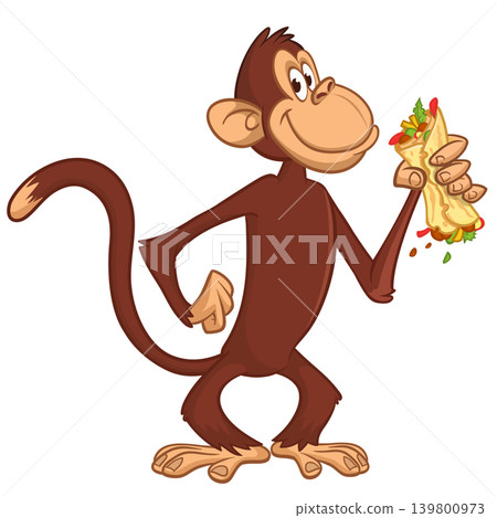 Cartoon funny monkey chimpanzee holding falafel or kebab in his hands. Vector illustration of happy monkey character design isolated. Cartoon funny monkey chimpanzee holding falafel or kebab in his hands. Vector illustration of happy monkey character design isolated. 139800973