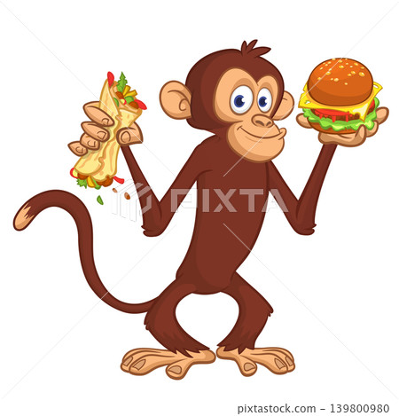 Cartoon funny monkey chimpanzee holding falafel or kebab and hamburger in his hands. Vector illustration of happy monkey character design isolated. Cartoon funny monkey chimpanzee holding falafel or kebab and hamburger in his hands. Vector illustration of happy monkey character design isolated. 139800980