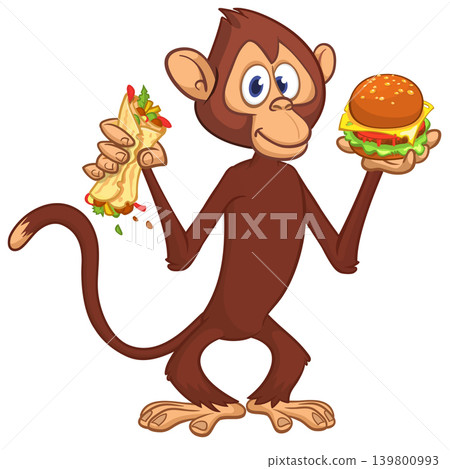 Cartoon funny monkey chimpanzee holding falafel or kebab and hamburger in his hands. Vector illustration of happy monkey character design isolated. Cartoon funny monkey chimpanzee holding falafel or kebab and hamburger in his hands. Vector illustration of happy monkey character design isolated. 139800993