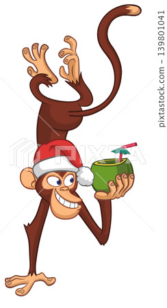 Cartoon funny monkey chimpanzee holding green coconut cocktail and hanging upside down in Santa Hat. Christmas vector illustration Cartoon funny monkey chimpanzee holding green coconut cocktail and hanging upside down in Santa Hat. Christmas vector illustration 139801041