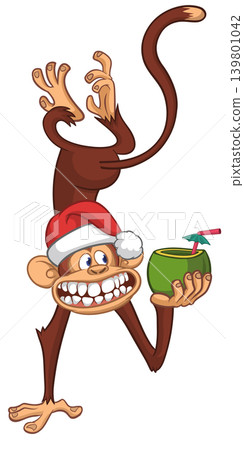 Cartoon funny monkey chimpanzee holding green coconut cocktail and hanging upside down in Santa Hat. Christmas vector illustration Cartoon funny monkey chimpanzee holding green coconut cocktail and hanging upside down in Santa Hat. Christmas vector illustration 139801042
