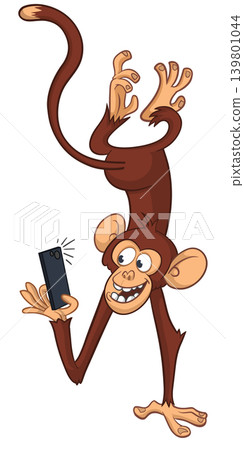 Cartoon funny monkey chimpanzee making selfie with the smartphone. Vector illustration isolated on white Cartoon funny monkey chimpanzee making selfie with the smartphone. Vector illustration isolated on white 139801044