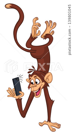 Cartoon funny monkey chimpanzee making selfie with the smartphone. Vector illustration isolated on white Cartoon funny monkey chimpanzee making selfie with the smartphone. Vector illustration isolated on white 139801045