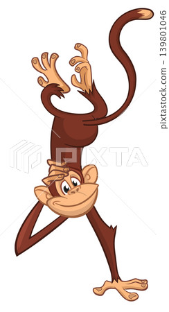 Cartoon funny monkey chimpanzee scratching head and hanging upside down. Vector illustration isolated on white Cartoon funny monkey chimpanzee scratching head and hanging upside down. Vector illustration isolated on white 139801046