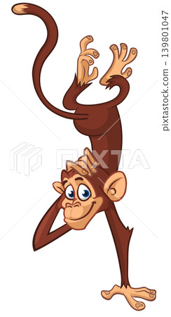 Cartoon funny monkey chimpanzee scratching head and hanging upside down. Vector illustration isolated on white Cartoon funny monkey chimpanzee scratching head and hanging upside down. Vector illustration isolated on white 139801047