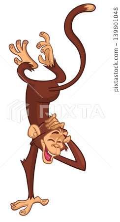 Cartoon funny monkey chimpanzee scratching head and hanging upside down. Vector illustration isolated on white Cartoon funny monkey chimpanzee scratching head and hanging upside down. Vector illustration isolated on white 139801048