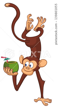 Cartoon funny monkey chimpanzee holding green coconut cocktail and hanging upside down. Vector illustration Cartoon funny monkey chimpanzee holding green coconut cocktail and hanging upside down. Vector illustration 139801055