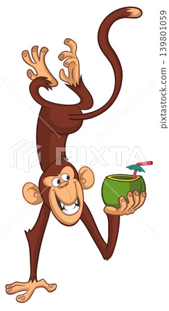 Cartoon funny monkey chimpanzee holding green coconut cocktail and hanging upside down. Vector illustration Cartoon funny monkey chimpanzee holding green coconut cocktail and hanging upside down. Vector illustration 139801059