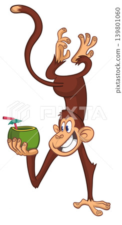 Cartoon funny monkey chimpanzee holding green coconut cocktail and hanging upside down. Vector illustration Cartoon funny monkey chimpanzee holding green coconut cocktail and hanging upside down. Vector illustration 139801060
